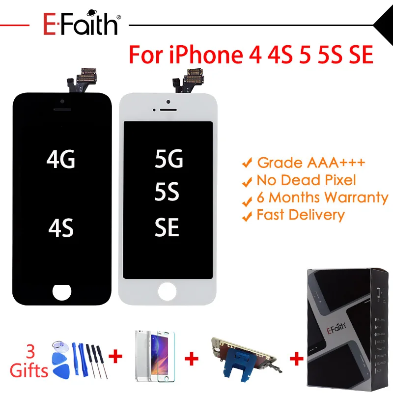 EFAITH без битых пикселей ЖК дисплей для IPhone 4 4S или iPhone SE 5 5s сенсорный экран с закаленное стекло и