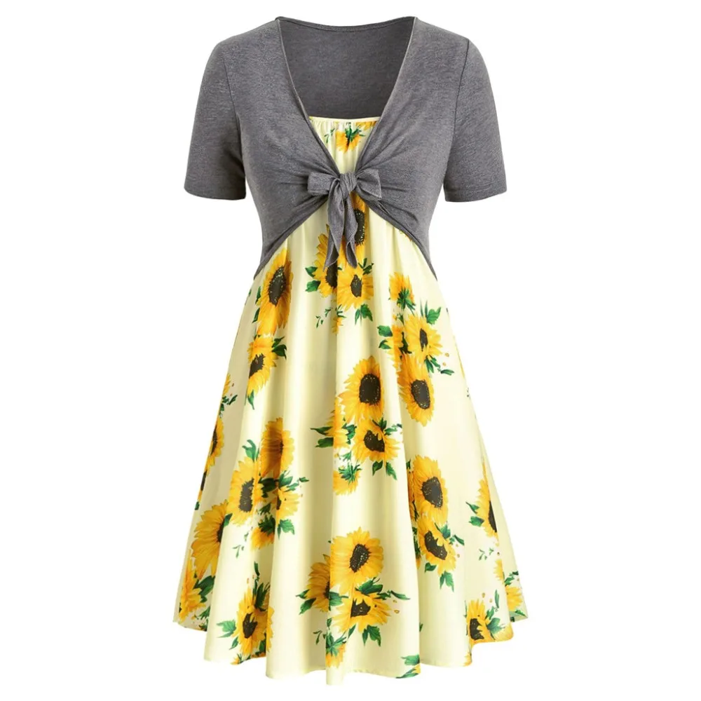 

Fashion Womens Short Sleeve V-Neck casual Summer plus size Dresses elegant Bow Knot Bandage Sunflower Print Dress Suits #XSL