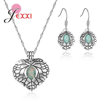 

New Antique Green Opal Stones Filled Genuine 925 Sterling Silver Heart Pendant Necklace Drop Earrings Women Jewelry Sets