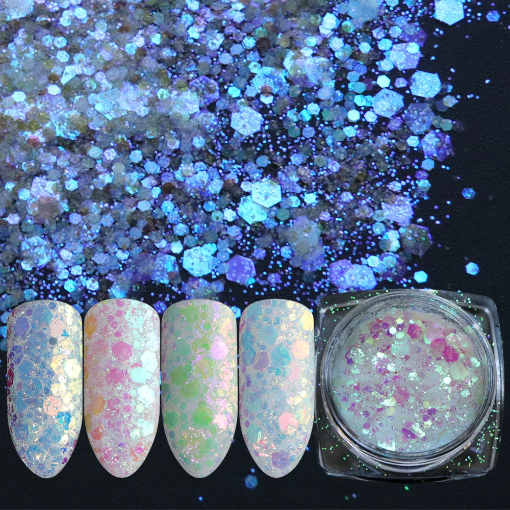 

1pcs Shining Nail Glitter Mermaid Powder Mix Hexagon Flakes Holographic Paillette Decoration Pigment Tools Manicure BEDT01-12