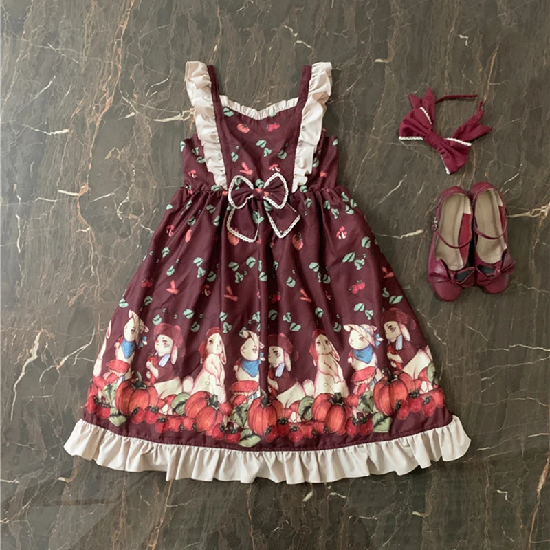 Jsk/платье в стиле милой Лолиты с изображением тыквы кролика для женщин; японский стиль Kawaii для девочек в викторианском стиле; платье без рукавов на бретельках; Vestidos; юбка - Цвет: Wine Red