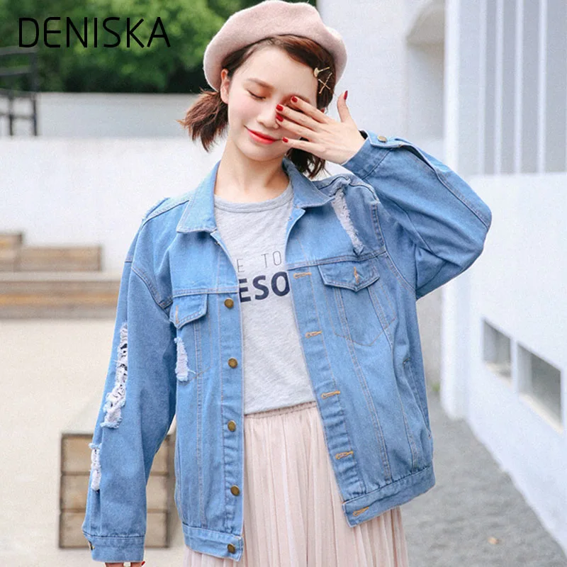 DENISKA Summer Basic Jackets Holes Jeans Loose Bf Light Blue Denim Jacket Coats Oversize Women