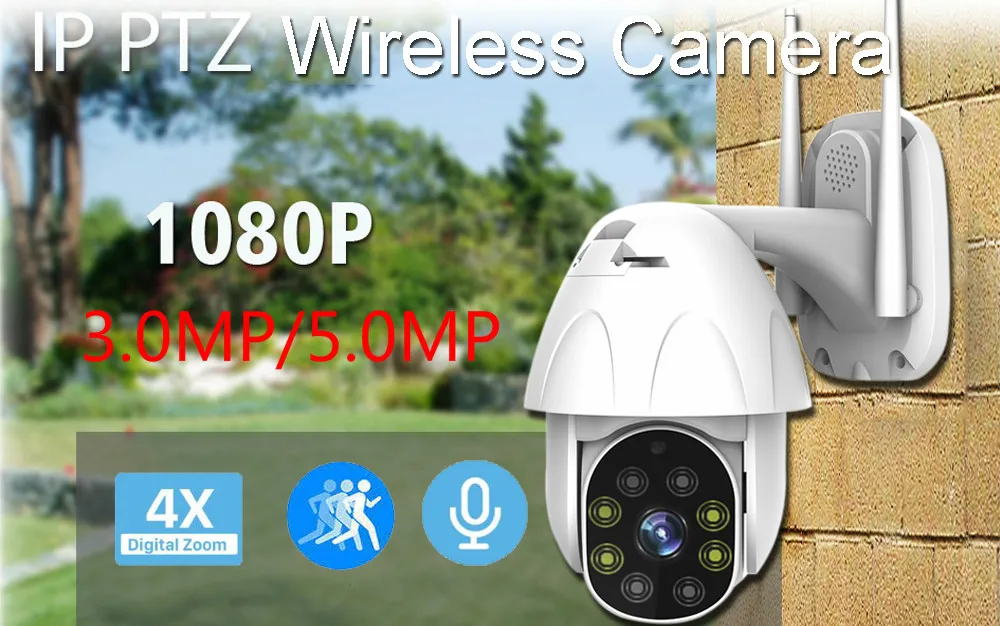 1080P 3MP 5MP Wireless IP PTZ Camera Speed Dome Security Cameras Outdoor 4Xzoom Two Way Audio P2P WIFI Camhi 2.8mm-13.5MM Lens