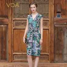 VOA 2017 Summer Sexy V-neck Slim Women Pencil Dress Short Sleeve Mid Waist Plus Size Heavy Silk Office Ladies Dress ASX00302