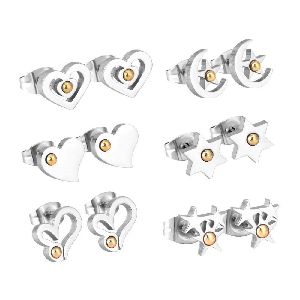 LUXUKISSKIDS 6 пар/кор. 316L Нержавеющая сталь серьги Стад серьги в форме сердца, звезды Для женщин рождественские серьги brincos, можно носить в подарок