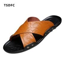 Тапочки из натуральной кожи; мужские летние сандалии на мягкой подошве; дышащая брендовая Дизайнерская обувь; кожаные пляжные вьетнамки на плоской подошве