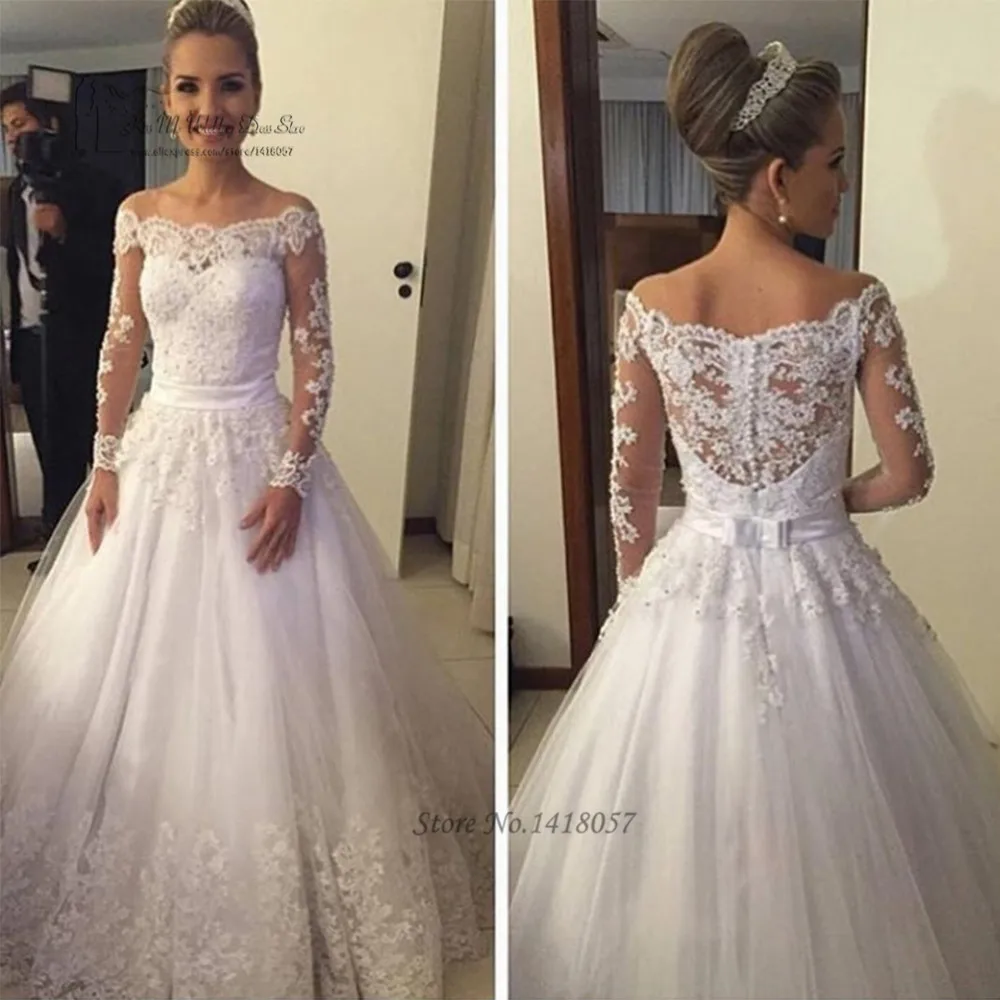 

Vestido de Noiva Manga Longo 2016 Vintage Wedding Dress Lace Bride Dresses Princess Long Sleeve Wedding Gowns off Shoulder