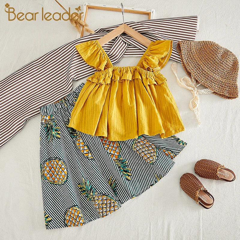 

Bear Leader Girls Clothing Set 2019 Girls Sets Cute Fungus Ruffle Solid Vest + Print Dress 2pcs Dress Set Children Clothing Sets