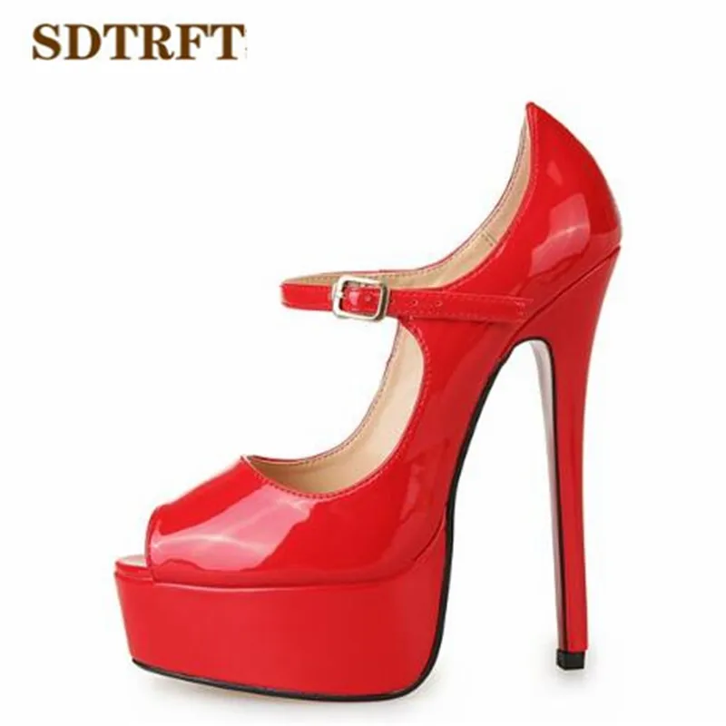

SDTRFT Plus:40-44 45 46 47 48 Summer Open Toe Sandals 16cm thin heels Patent Leather women shoes ladies Stilettos Buckle pumps