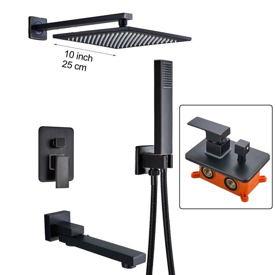 Черный смеситель для душа, латунный душ с дождевой насадкой, поворотный носик для ванны, смеситель для душа, настенный встроенный блок управления клапаном - Цвет: 10 inch Showerhead