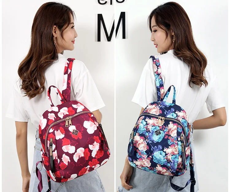 Women Floral Nylon Backpack Female Fashion Printing Casual Rucksack Famous Lady Girls Large Black Purple Blue Soft Shoulder Bag (4)