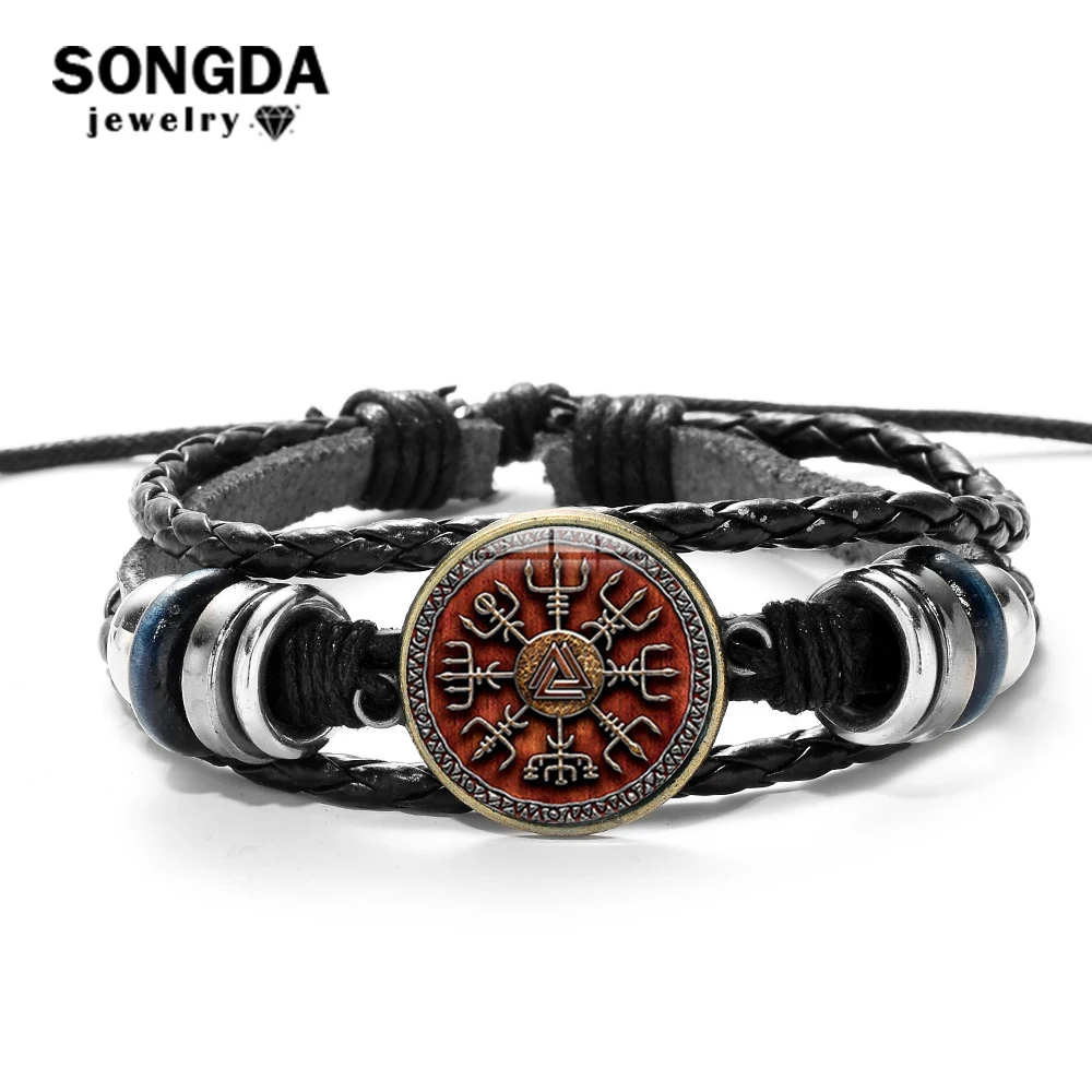 

SONGDA Vintage Viking Compass Leather Bracelet Men Women Nordic Runes Odin Symbol Printed Glass Time Gem Charm Bracelets Bangles