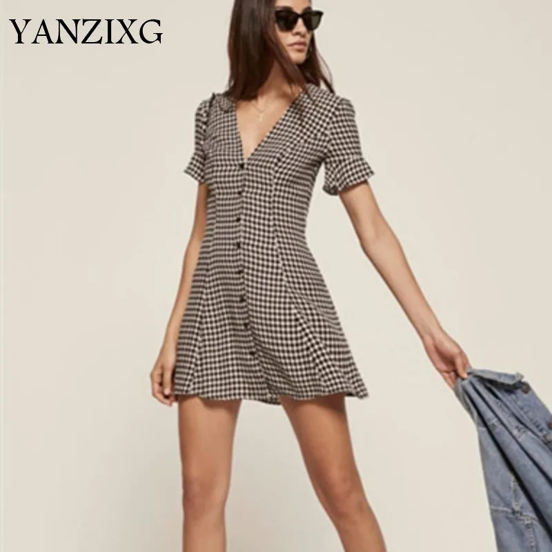 2019 New Summer Women Clothes Fashion V-neck Half Sleeves Spring Plaided Dress Sexy Female Vacation Vestido Q689 | Женская одежда