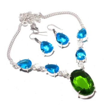 安い Peridots 、ブルー Topas ネックレス + イヤリングシルバーオーバーレイ銅、 44 センチメートル、 N3982