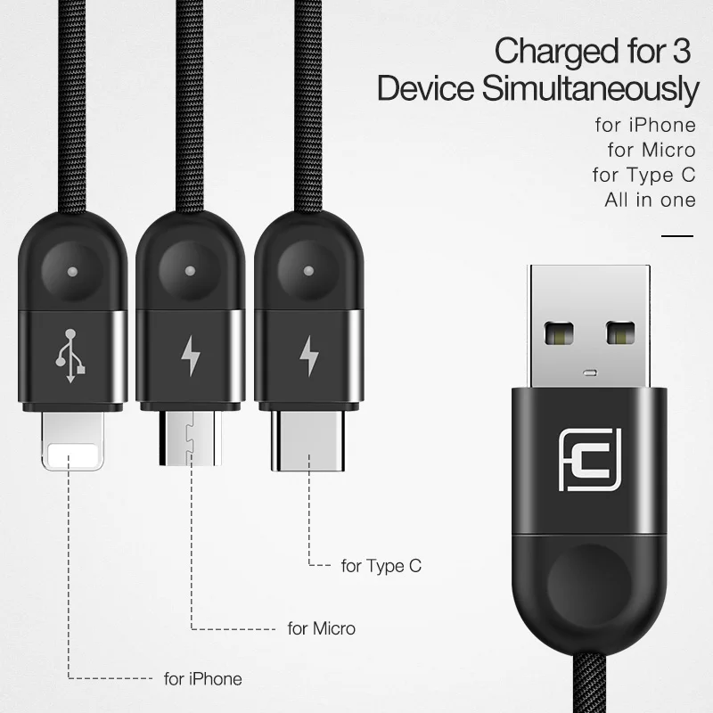 Cafele 3in1 LED Lighting Cable USB para iPhone Micro USB tipo C Nylon Cable USB tejido para iPhone Huawei Xiaomi carga rápida