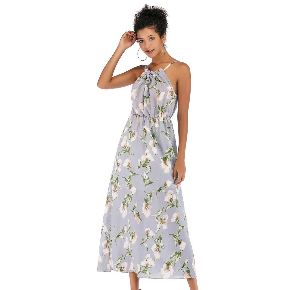 Chiffon shirt Dress Summer Sleeveless Halter Mid Calf Floral Printed A Line Vintage Strapless Summer shirt Dress Beach Wonder