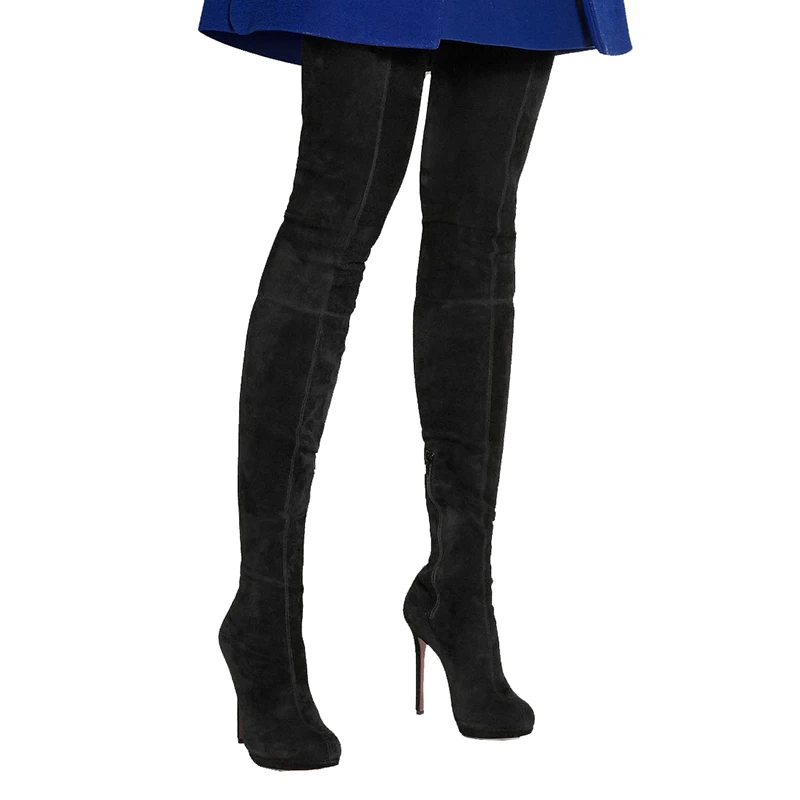 Women Black Thigh High Boots Woman Long Stretch Suede Over the Knee Boots Ladies Round Toe Platform High Heel Winter Shoes