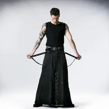 Vintage Man Punk Heavy Metal Long Skirt Steampunk Fashion Black Denim Thick Long Pants with Iron Chain