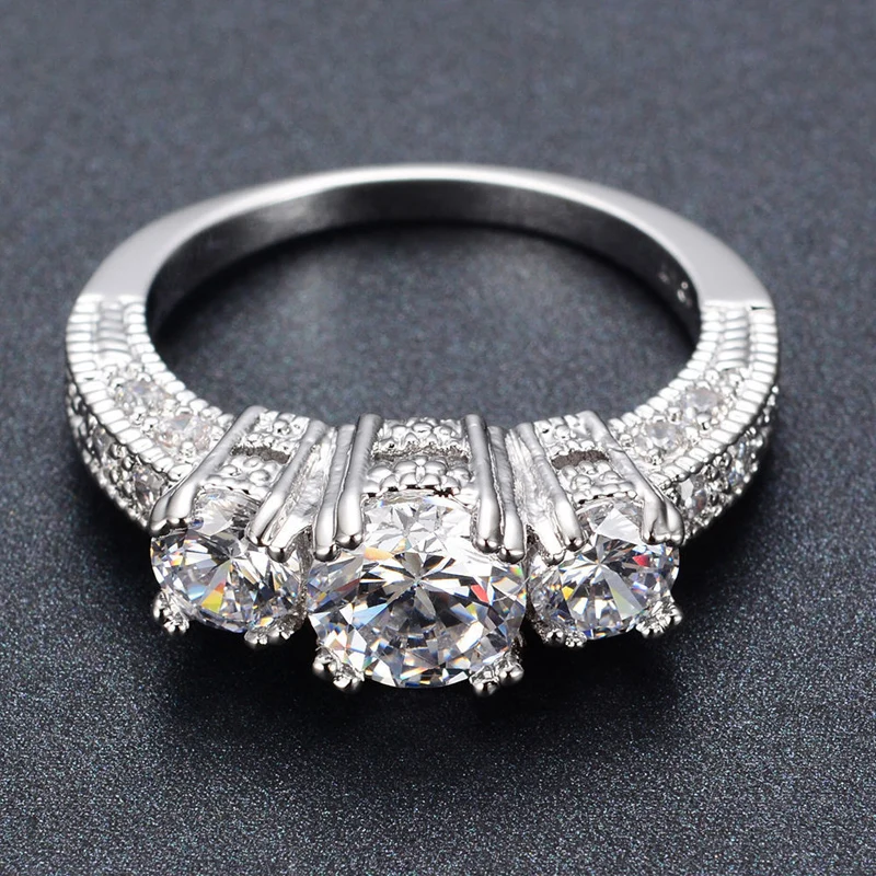 

Wedding 3 Crystal Plated White Gold Filled Ring Gift Jewellry For Women Size 6 7 8 9