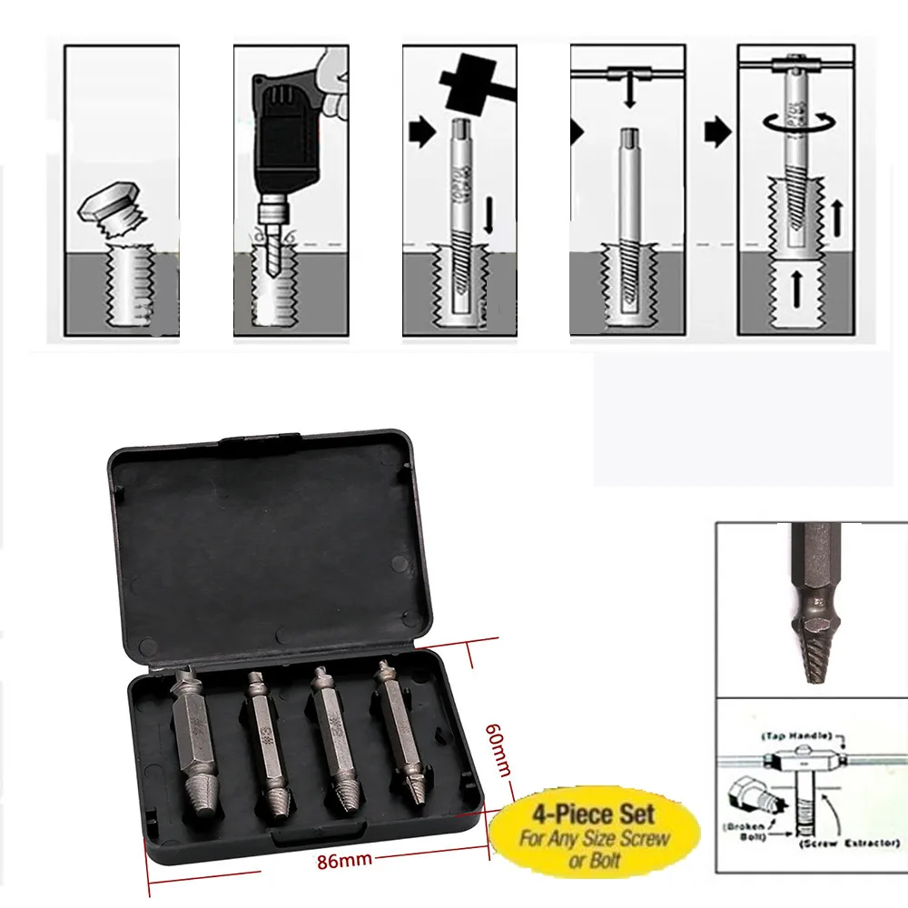 

4Pcs Screw Extractor Drill Bits Tool Broken Damaged Bolt Speed Out Remover Screw Bolt Extractor Drill Bits Guide Set Repair tool