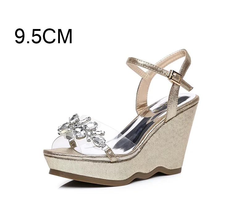 42_2016 New Gold Platform Wedges Sandals Female Summer Sandal Silver Heels Rhinestone Buckle Transparent Casual Shoes For Woman