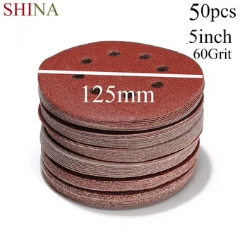 

50pcs/lot 5'' 60Grit Power Sanding Disc 8 Hole Orbit Hook & Loop Woodworking Sand Paper Discs Grit Sandpaper Handmade Craft