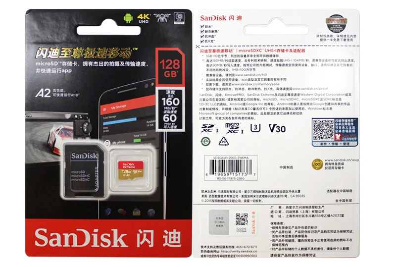 Оригинальная Micro SD Карта sandisk Extreme U3 V30 A2 64 Гб 128 ГБ 256 ГБ флеш-карта памяти tf-карта с адаптером для спортивных камер