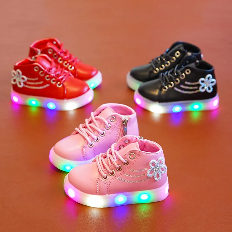 

2019 Fashion casual kids shoes girls flower crystal spring autumn led light shoes children PU rubber lace up sneakers shoes girl