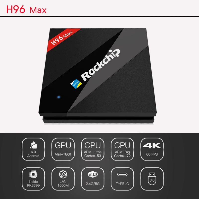 H96 MAX ТВ приставка 4 к H.265 Android 7,1 ТВ приставка RK3399 смарт-приставка медиаплеер двойной+ четырехъядерный поддержка Miracast/DLNA IP tv HDMI