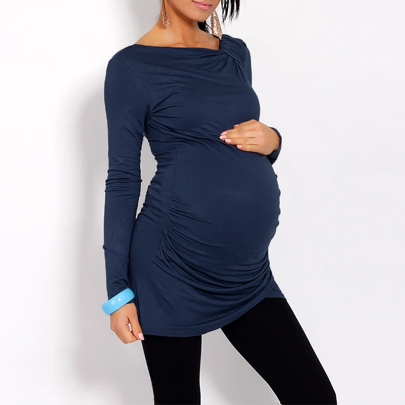 Tanie Ubrania ciążowe 2018 Jesień Pregnance Koszule Damskie Bluzki Casual Plac Collar Długim Rękawem Asymetryczna Solidna Topy Plus Size