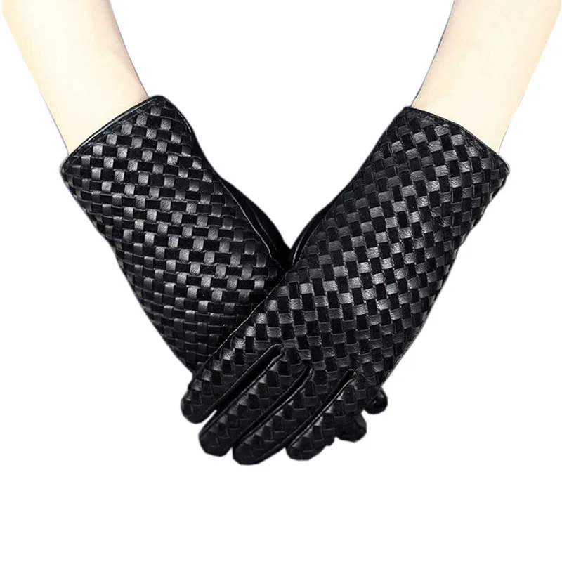 Women's Sheepskin Genuine Leather Gloves Elegant Hand Woven Autumn Winter Warm Plush Fashion Driving Gloves Female XC-206