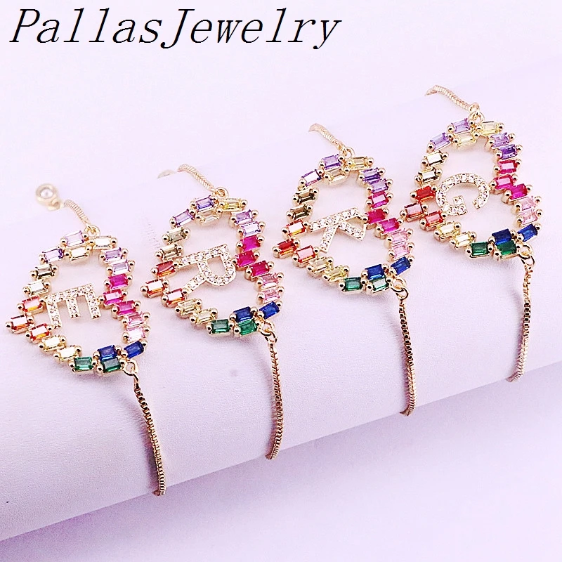 10 шт. золотой цвет Регулируемая цепочка в форме сердца микро проложить Радуга CZ кубический цирконий Шарм 26 браслет с буквами для женщин ювелирные изделия