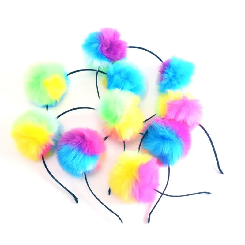 

Adult Child Cloth Wrapped Stretchy Headband Cute Panda Ears Hair Hoop Dual Big Bright Colorful Fluffy Pompom Ball Photo Props He