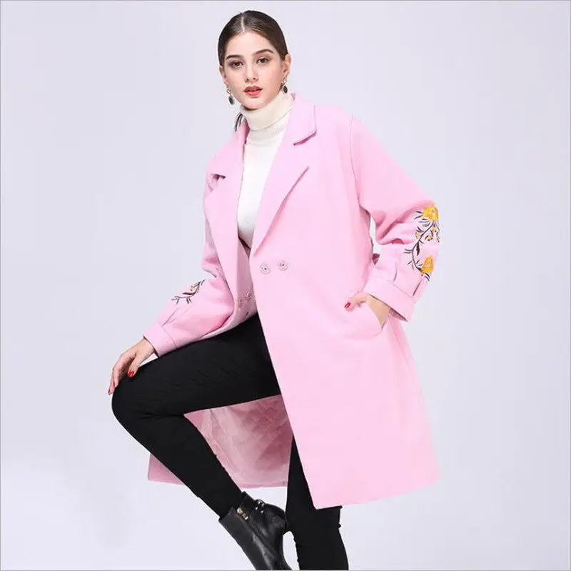 Genuine VANLED 2018 New Spring Autumn Coat Women Loose Big Size 4XL Pink Embroidery Woolen Trench Coat Women Outerwear Coat Hot