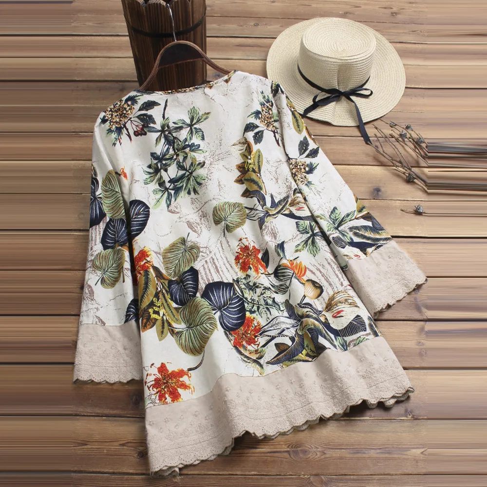 Модная женская блузка с длинными рукавами, винтажная блузка с цветочным принтом, Лоскутная Блузка, кружевные топы, женские блузки