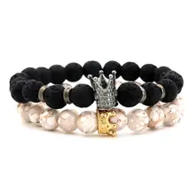 Gold Tibetischen Kronen Charme Lava Rock Gepaart Perle Edelstahl Naturstein Armbänder Geschenk Schmuck Für Mädchen Frauen Männer(China)
