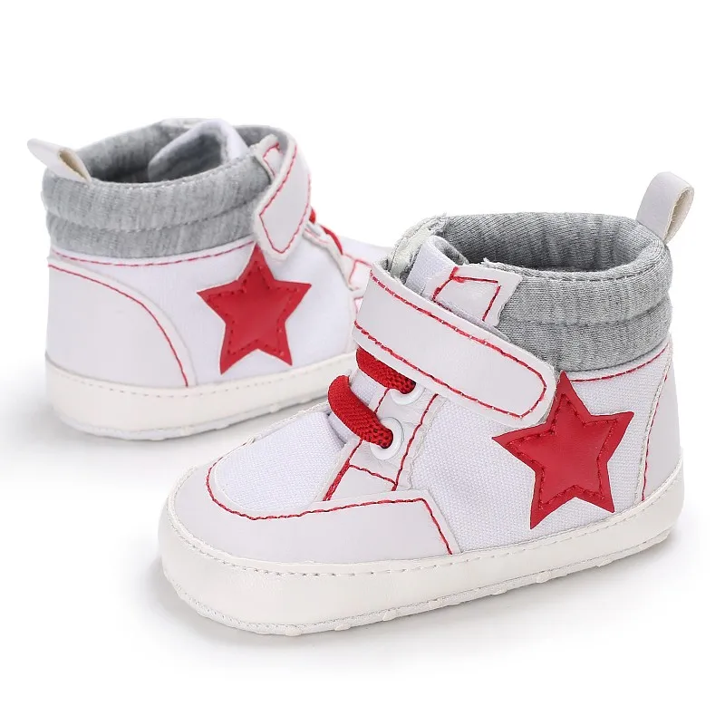 Обувь для маленьких мальчиков и девочек Высокие Кроссовки Первая ходунка обувь детская кроватка Bebe новорожденных мягкая детская подошва пять звезд спортивная обувь - Цвет: White