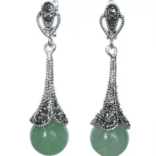 Редкие 925 стерлингового серебра натуральный зеленый камень Бусины марказит серьги 14/5"