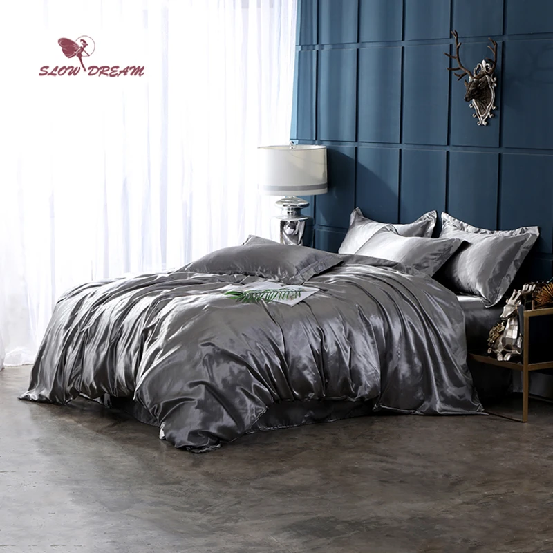 

SlowDream Gray Solid Color Pure Satin 100% Silk Bedding Set Bed Flat Sheet Pillowcase Bed Linens Bedclothes Double Bedspread Bed