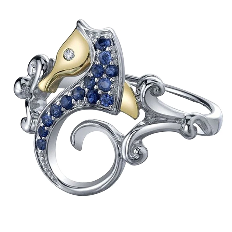 

1pcs Seahorse Shape Ring Sliver Color Handmade Seahorse Rings Creative Animals Selling Inlaid Blue Crystal Zircon Ring