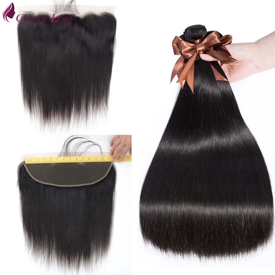 

Brazilian Straight Hair With Closure 3 Bundles Remy Human Hair With 13*4 Free Part Ear to Ear Lace Frontal Clover leaf Hair