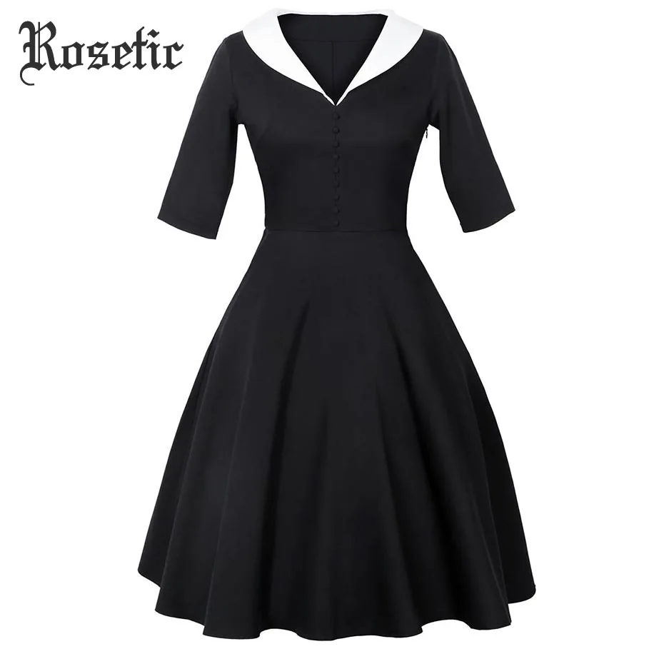 

Rosetic Woman Gothic Vintage Dress Black Color Block Half Sleeve Button Fashion Travel Party Sexy Girl Retro Goth Casual Dresses