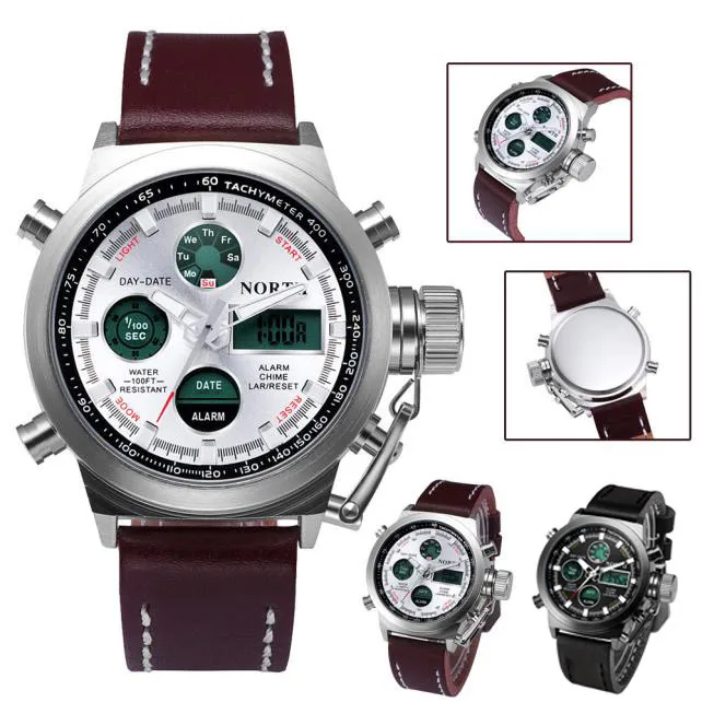 

New Hot North Double Movement Alarm Clock Quartz Wrist Watch Leather Sports Men Watch saat erkekler horloges mannen reloj mujer