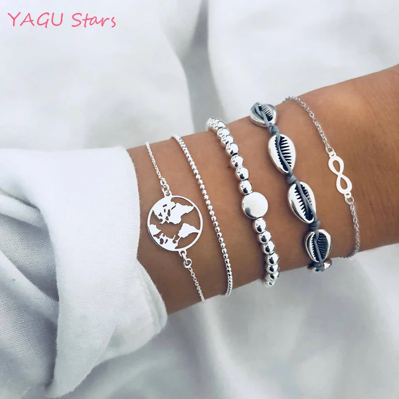 

5 Pcs/Set Different Style Bohemian Beaded Shell Bracelets Set For Women Vintage Fashion Chain Strand Bracelets Jewelry Gifts