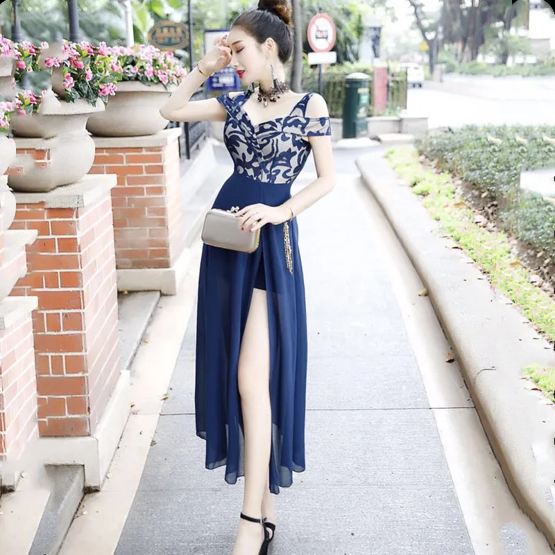 

Real shot 2019 new fashion temperament word collar strapless sexy dress double slanted shoulder lace chiffon stitching dress