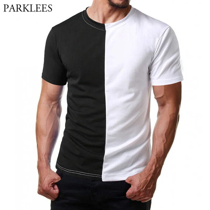 

Fashion Black White Hit Color Patchwork T Shirt Men 2018 Brand New Slim Fit Short Sleeve Hip Hop Casual T-shirt Male Camiseta