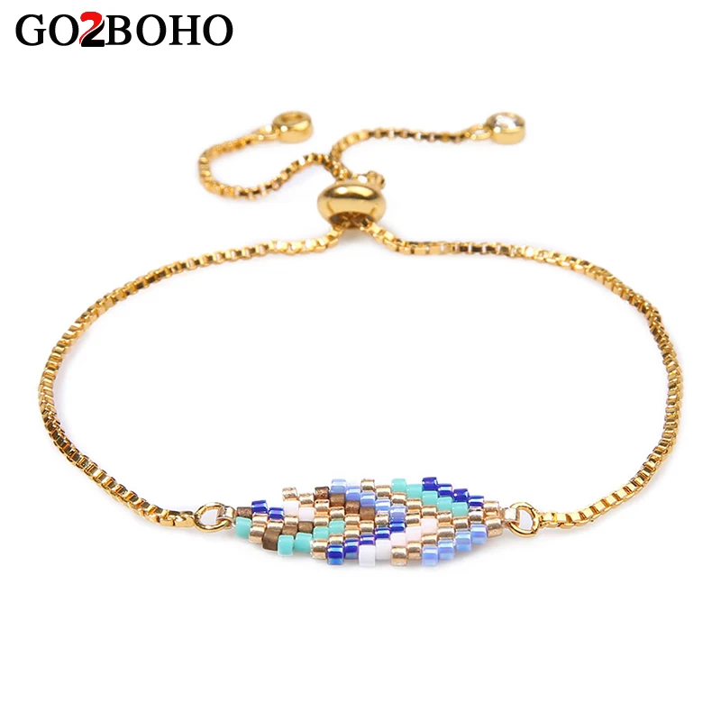 

Go2boho Bohemian Charms Bracelet Women Fashion rose gold Color Bracelets Seed Beads Woven Jewelry Leaf Pattern Friendship Gifts