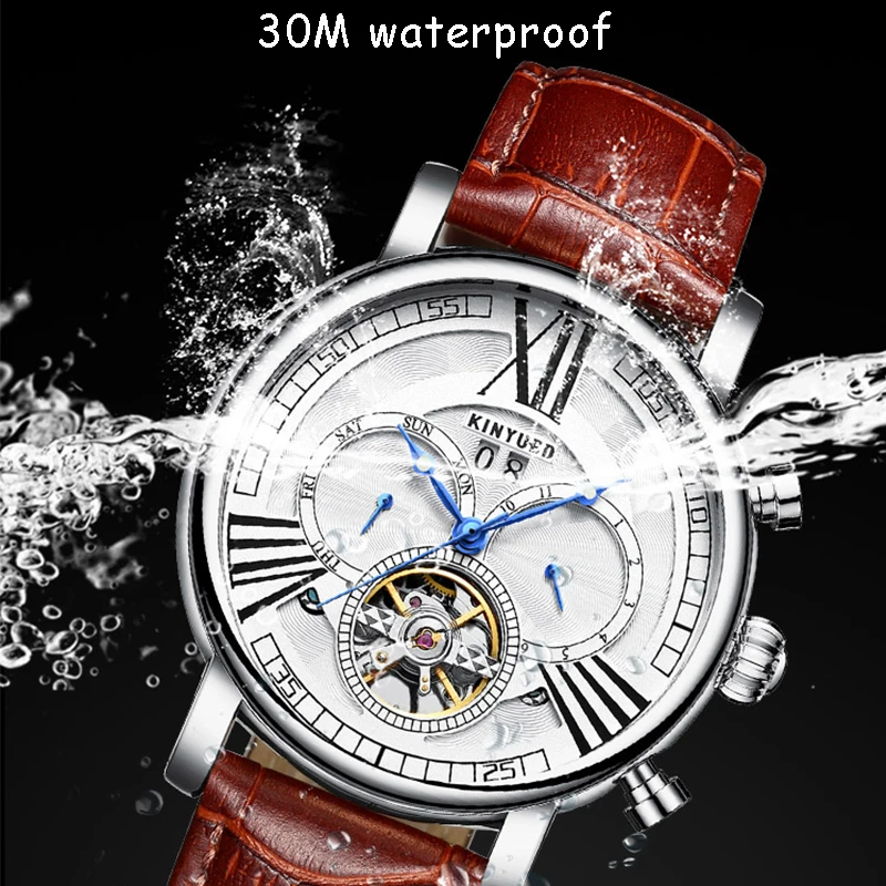 Kinyued Топ Горячие механические часы для мужчин кожаный ремешок золото водонепроницаемый автоматические наручные часы Скелет Турбийон мужские наручные часы