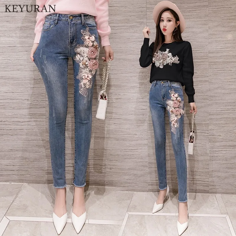 

Spirng Autumn Denim Pants Sets Sweet Embroidery 3D Flower Knitting Tops + Slim Pencil Jean Femme White Sweet Black Pink Outfit