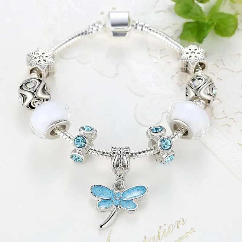 ELESHE Luxury Crystal&Murano Glass Beads Bracelets Silver Bracelets&Bangles for Women DIY Butterfly Charms Bracelet for Women